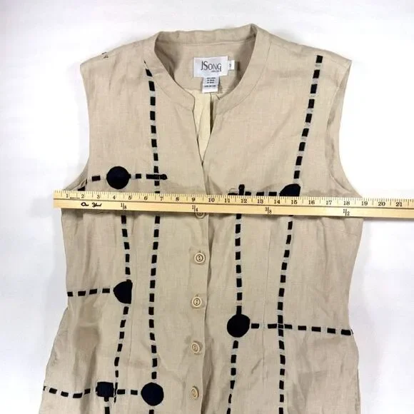 J Song Tan Linen Sleeveless Maxi Dress with Black Embroidery and Pockets, 12 - Picture 7 of 7